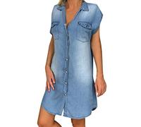 OverDose Soldes Robe en Jean Longue Femme Grande Taille Été Robe Chemise Manches Courtes Loose Casual Plage Maxi Dress