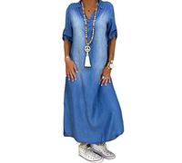 OverDose Soldes Robe en Jean Longue Femme Grande Taille Été Robe Chemise Manches Courtes Loose Casual Plage Maxi Dress