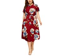OverDose Soldes Robe Été Bohème Femme Grande Taille en Mousseline Imprimé Floral, Col V Manches Courtes Maxi Manchon Papillon Robe de Soirée Taille L-5XL (Jaune,44)