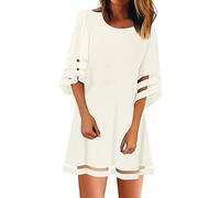 OverDose Soldes Robe Été Femme Courte Robe Shirt Manche 3/4 Col Rond Loose Blouse Tops Mini Dress Blanche Noir Rouge