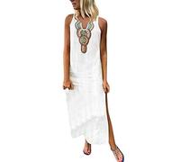 OverDose Soldes Robe Longue Femme Été sans Manches Boho Col V, Robe de Plage en Lin Femmes Vintage Rétro Robes De Soleil Maxi Dress Taille 36-44 (Blanc,36)