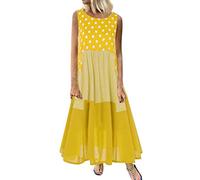 OverDose Soldes Robe Longue Femme Grande Taille Vintage Bohème Chic, Robe Rétro Plisée en Lin Enceinte sans Manches Imprimée Floral Robes de Plage Taille M-5XL