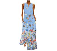 OverDose Soldes Robe Longue Femme Grande Taille Vintage Bohème Chic, Robe Rétro Plisée en Lin Enceinte sans Manches Imprimée Floral Robes de Plage Taille M-5XL