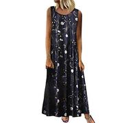 OverDose Soldes Robe Longue Femme Grande Taille Vintage Bohème Chic, Robe Rétro Plisée en Lin Enceinte sans Manches Imprimée Floral Robes de Plage Taille S-5XL