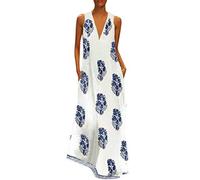 OverDose Soldes Robe Longue Femme Grande Taille Vintage Bohème Chic, Robe Rétro Plisée en Lin Enceinte sans Manches Imprimée Floral Robes de Plage Taille M-5XL