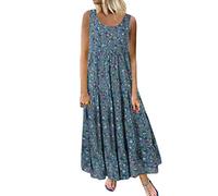 OverDose Soldes Robe Longue Femme Grande Taille Vintage Bohème Chic, Robe Rétro Plisée en Lin Enceinte sans Manches Imprimée Floral Robes de Plage Taille M-5XL