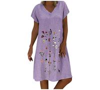 OverDose Soldes Robe Mi-Longue en Lin Femme Été Vintage Imprimé Robes de Plage Manches Courtes Casual Dress Grande Taille