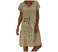OverDose Soldes Robe Mi-Longue en Lin Femme Été Vintage Imprimé Robes de Plage Manches Courtes Casual Dress Grande Taille