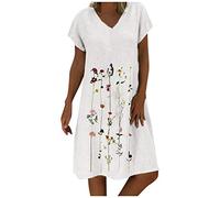 OverDose Soldes Robe Mi-Longue en Lin Femme Été Vintage Imprimé Robes de Plage Manches Courtes Casual Dress Grande Taille