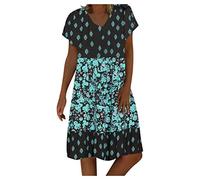 OverDose Soldes Robe Mi-Longue en Lin Femme Vintage Robe d'été Imprimé Marguerite Bohème Loose Robes de Plage Manches Courtes Casual Dress Grande Taille