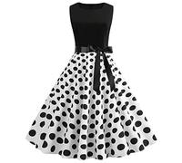 OverDose Soldes Robe Vintage Années 50 Pin up Femme Robe de Soirée Cocktail sans Manches Rétro Imprimé Pois, Grande Taille Sexy Ete Plage Dress(Noir,36)