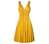 OverDose Soldes Robe Vintage Femme Grande Taille Rockbilly Sexy Col V Chic Robe de Soirée Cocktail, Plisée Au Genou Robe évasée Taille XL-5XL (Jaune,50)
