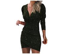 Overdose Soldes Robes Paillettes Femme Pas Cher Robe de Soirée Courte Sexy Col V Manches Longues Moulante Clubwear Chic