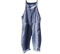 OverDose Soldes Salopette Lin Femme à Rayure Été Automne Loose Comninaison, Casual Confortable Respirante Pantalons Large Jumpsuit