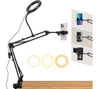Overhead Trépied de téléphone portable avec anneau lumineux, support flexible pour appareil photo avec anneau lumineux LED, 3 couleurs de lumière + 10 luminosités, support de bureau pour débutant