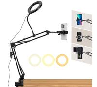 Overhead Trépied de téléphone portable avec anneau lumineux, support flexible pour appareil photo avec anneau lumineux LED, 3 couleurs de lumière + 10 luminosités, support de bureau pour débutant