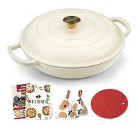 Overmont Braiser en Fonte Émaillée avec Livre de Recettes et Couvercle - Marmite Hollandaise avec Revétement en Émail pour Braiser, Ragoûts, Rôtissage, Cuisson du Pain, Blanc