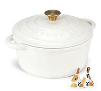 Overmont Casserole en fonte émaillée - Antiadhésif four hollandais avec couvercle - Ø26 cm ronde cocotte pour table de cuisson et fours à induction - Perlenweiß