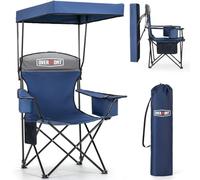 OVERMONT Chaise de Camping Pliante avec auvent - Chaise de Plage Pliable avec Porte-gobelet et Sac Isotherme - Transat avec Toit pour Camping, pêche, Jardin - Bleu Gris