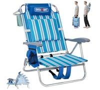 OVERMONT Chaise de Plage Basse Pliante, 6 Positions à 180°, 150 kg, Bleue | Assise large avec coussin lombaire ; sac isotherme, porte-serviette et porte-gobelet pour plage, camping, piscine et jardin