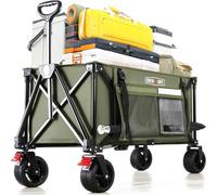 Overmont Chariot à Main Pliable avec Frein de Roue Avant - Roues Larges - Poche latérale - Porte-gobelet - Poignée réglable - Capacité : 150 I - Capacité de Charge jusqu'à 150 kg