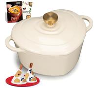 Overmont Cocotte en Fonte Émaillée Cœur - 1,89 L Faitout avec Couvercle et Livre de Recettes - Pour Cuisson au Four, Mijoter et Rôtir - Cadeau Cuisine Mariage & Fêtes - Blanc