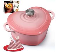 Overmont Cocotte en Fonte Émaillée Cœur - 1,89 L Faitout avec Couvercle et Livre de Recettes - Pour Cuisson au Four, Mijoter et Rôtir - Cadeau Cuisine Mariage & Fêtes - Rose Pastel