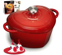 Overmont Cocotte en Fonte Émaillée Cœur - 1,89 L Faitout avec Couvercle et Livre de Recettes - Pour Cuisson au Four, Mijoter et Rôtir - Cadeau Cuisine Mariage & Fêtes - Rouge Brique