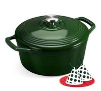 Overmont Cocotte en Fonte Émaillée 24 cm 4,3 L, Four Hollandais Rond avec Couvercle et Maniques, Tous Feux Dont Induction et Four, pour Pain, Ragoûts, Mijotés et Rôtis, Vert Brillant