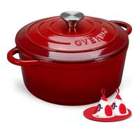 Overmont Cocotte en Fonte Émaillée - Ø24 cm Casserole Antiadhésive Avec Couvercle et Maniques en Coton - Batterie de Cuisine Robuste pour Braiser Ragoûts Rôtir Pain - Rouge brique