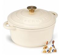Overmont Cocotte en Fonte Émaillée - Ø24 cm Casserole Antiadhésive Avec Couvercle et Maniques en Coton - Batterie de Cuisine Robuste pour Braiser Ragoûts Rôtir Pain - Blanc crème