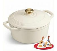 Overmont Cocotte en Fonte Émaillée - Ø26 cm Casserole Antiadhésive Avec Couvercle et Maniques en Coton - Batterie de Cuisine Robuste pour Braiser Ragoûts Rôtir Pain - Blanc crème