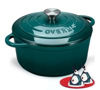 Overmont Cocotte en Fonte Émaillée - Ø26 cm Casserole Antiadhésive Avec Couvercle et Maniques en Coton - Batterie de Cuisine Robuste pour Braiser Ragoûts Rôtir Pain - Vert bouteille