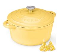 Overmont Cocotte en Fonte Émaillée - Ø26 cm Casserole Antiadhésive Avec Couvercle et Maniques en Coton - Batterie de Cuisine Robuste pour Braiser Ragoûts Rôtir Pain - Jaune canari