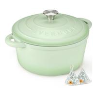 Overmont Cocotte en Fonte Émaillée - Ø26 cm Casserole Antiadhésive Avec Couvercle et Maniques en Coton - Batterie de Cuisine Robuste pour Braiser Ragoûts Rôtir Pain - Vert haricot