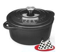 Overmont Cocotte en Fonte Émaillée - Ø26 cm Casserole Antiadhésive Avec Couvercle et Maniques en Coton - Batterie de Cuisine Robuste pour Braiser Ragoûts Rôtir Pain - Gris graphite