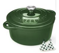 Overmont Cocotte en Fonte Émaillée - Ø26 cm Casserole Antiadhésive Avec Couvercle et Maniques en Coton - Batterie de Cuisine Robuste pour Braiser Ragoûts Rôtir Pain - Vert brillant