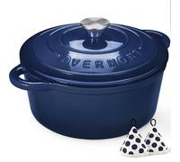 Overmont Cocotte en Fonte Émaillée - Ø26 cm Casserole Antiadhésive Avec Couvercle et Maniques en Coton - Batterie de Cuisine Robuste pour Braiser Ragoûts Rôtir Pain - Indigo profond