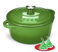 Overmont Cocotte en Fonte Émaillée - Ø28 cm Casserole Antiadhésive Avec Couvercle et Maniques en Coton - Batterie de Cuisine Robuste pour Braiser Ragoûts Rôtir Pain - Vert forêt
