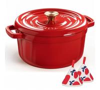 Overmont Cocotte en fonte émaillée - Casserole de 4,7 l avec couvercle - Livre de cuisine et maniques en coton - Batterie de cuisine robuste pour braiser, ragoûts, rôtir, cuire du pain, rouge