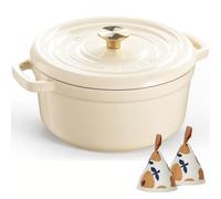 Overmont Cocotte en fonte émaillée - Casserole de 5 l avec couvercle - Livre de cuisine et maniques en coton - Batterie de cuisine robuste pour braiser, ragoûts, rôtir, cuire du pain, blanc