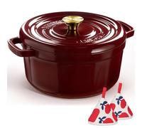 Overmont Cocotte en fonte émaillée - Casserole de 5 l avec couvercle - Livre de cuisine et maniques en coton - Batterie de cuisine robuste pour braiser, ragoûts, rôtir, cuire du pain bordeaux