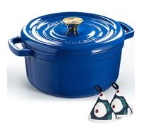 Overmont Cocotte en fonte émaillée - Casserole de 5 l avec couvercle - Livre de cuisine et maniques en coton - Batterie de cuisine robuste pour braiser, ragoûts, rôtir, cuire du pain, bleu
