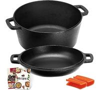 Overmont Dutch Oven Pot en Fonte Marmite Fonte Four Néerlandais Double Fonction avec Couvercles de Poignée en Silicone pour Cuisine Camping Jardin BBQ