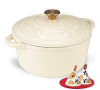 Overmont Cocotte en Fonte Émaillée 24 cm 4,3 L, Four Hollandais Rond avec Couvercle et Maniques, Tous Feux Dont Induction et Four, pour Pain, Ragoûts, Mijotés et Rôtis, Blanc Crème
