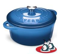 Overmont Cocotte en Fonte Émaillée - Ø24 cm Casserole Antiadhésive Avec Couvercle et Maniques en Coton - Batterie de Cuisine Robuste pour Braiser Ragoûts Rôtir Pain - Bleu saphir
