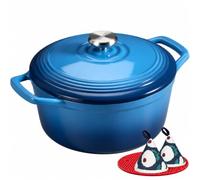 Overmont Cocotte Ronde en Fonte Émaillée 24 cm 4,3 L,Bleu Dégradé | Pour 3 à 5 personnes, avec couvercle et protège-poignées en coton, tous feux dont induction et four, pour pain et mijotés
