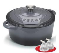 Overmont Cocotte en Fonte Émaillée - Ø24 cm Casserole Antiadhésive Avec Couvercle et Maniques en Coton - Batterie de Cuisine Robuste pour Braiser Ragoûts Rôtir Pain - Gris ardoise