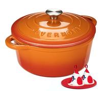 Overmont Cocotte en Fonte Émaillée - Ø24 cm Casserole Antiadhésive Avec Couvercle et Maniques en Coton - Batterie de Cuisine Robuste pour Braiser Ragoûts Rôtir Pain - Rouge orangé