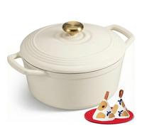Overmont Cocotte en Fonte Émaillée 26 cm 5,2 L, Four Hollandais Rond avec Couvercle et Maniques, Tous Feux Dont Induction et Four, pour Pain, Ragoûts, Mijotés et Rôtis, Blanc Crème